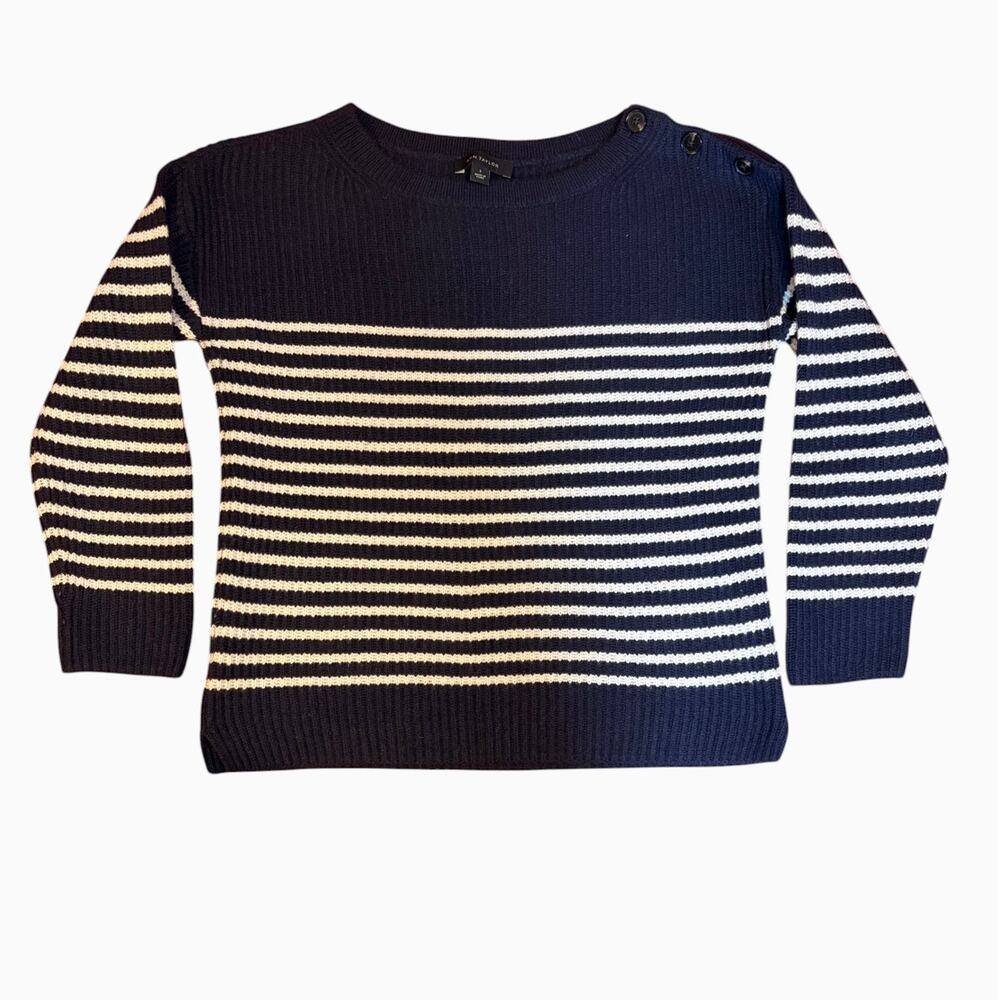 Ann Taylor Women's Breton Striped Wool Cashmere Sweater SMALL Navy Cream